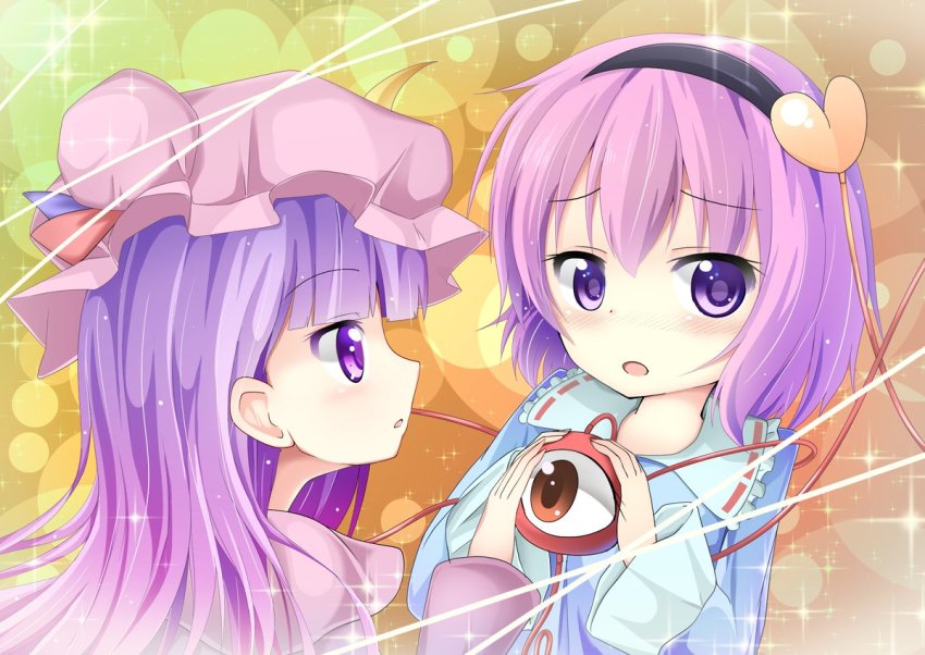 2girls, blouse, blush, crescent, crescent_hair_ornament, double_bun, gradient_background, hair_bun, hair_ornament, hairband, hat, heart, i-da, komeiji_satori, light_trail, long_hair, long_sleeves, looking_at_another, looking_at_viewer, mob_cap, multiple_girls, patchouli_knowledge, pink_hair, purple_eyes, purple_hair, robe, shirt, short_hair, sparkle, tareme, third_eye, touhou, upper_body, yuri