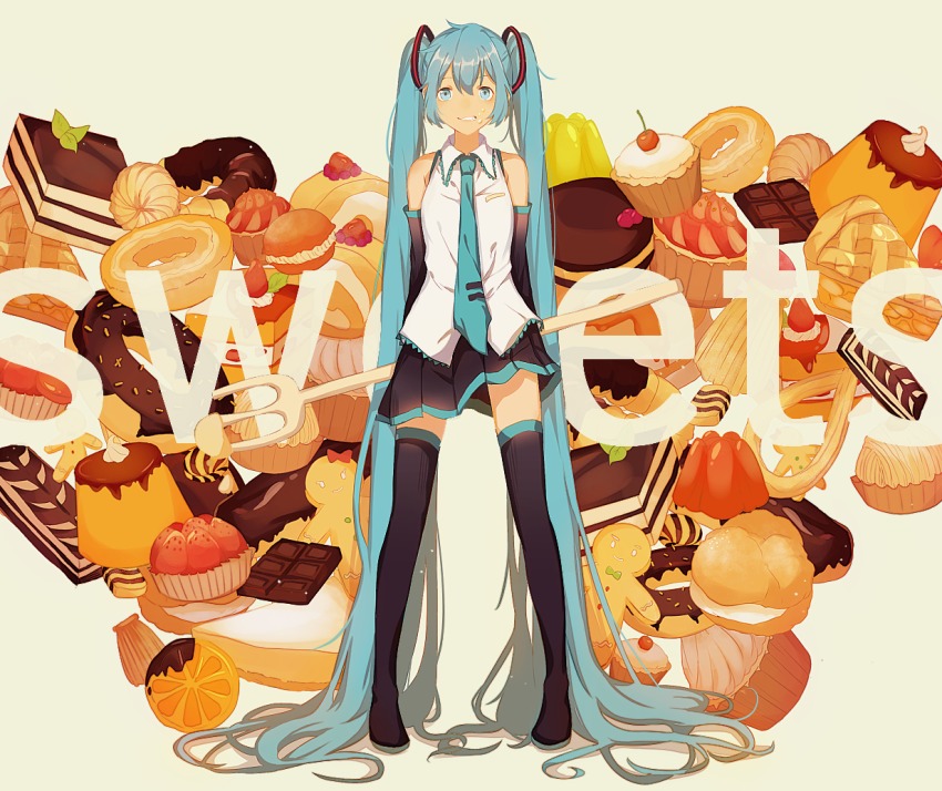 1girl, absurdly_long_hair, aqua_eyes, aqua_hair, blouse, cake, candy, cherry