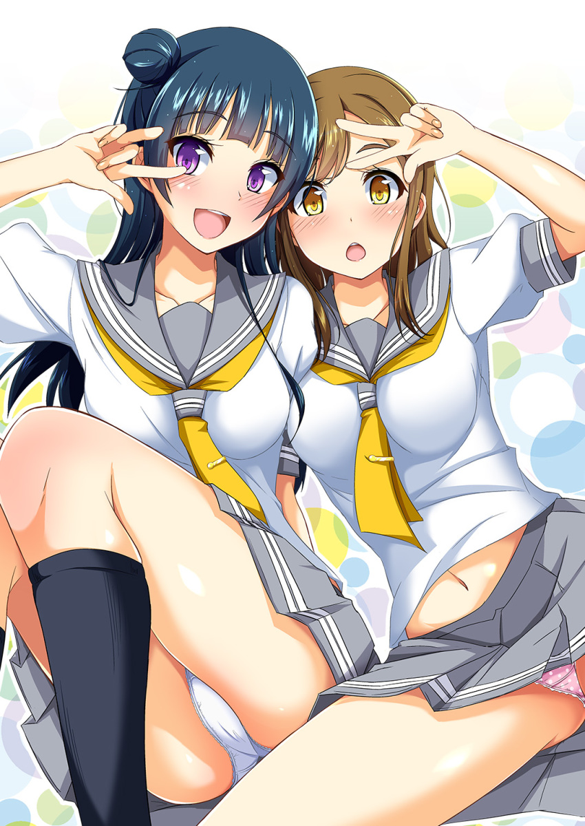 10s, 2girls, black_socks, blue_hair, blush, brown_eyes, brown_hair, cla_(torinabe)