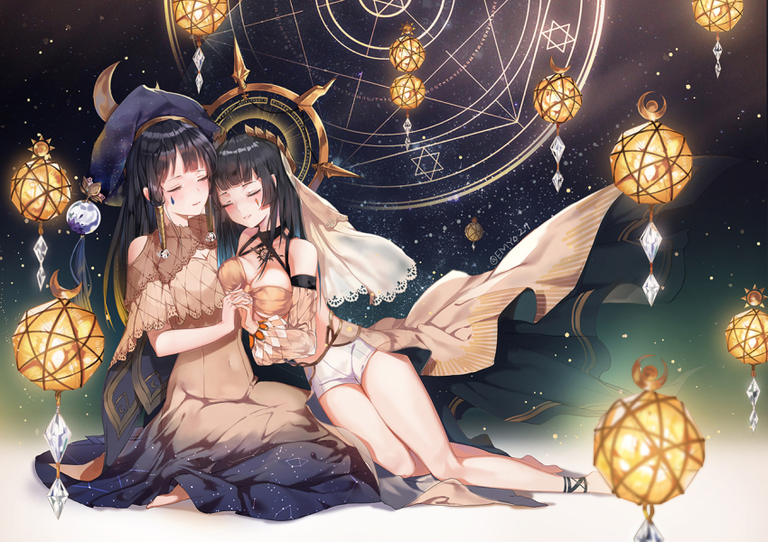 2girls, anklet, barefoot, black_hair, breasts, closed_eyes, emyo, gradient_background, greek_mythology, hat, hemera_(mythology), hexagram, holding_hands, jewelry, lantern, large_breasts, long_hair, magic_circle, medium_breasts, mother_and_child, mother_and_daughter, multiple_girls, nyx_(mythology), parent_and_child, shorts, smile, twitter_username, veil