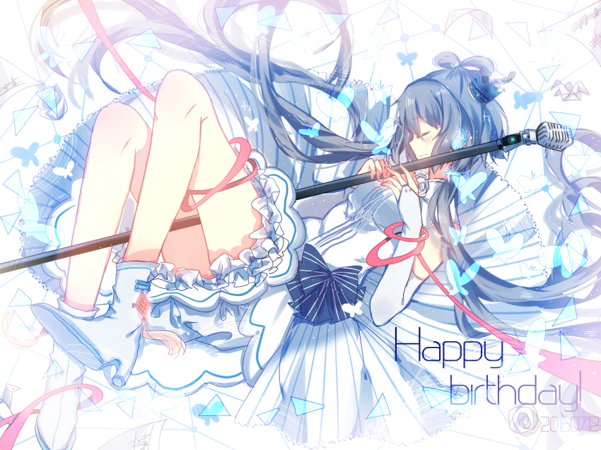blue_hair, boots, headphones, highres, long_hair, luo_tianyi, luppykiy, solo