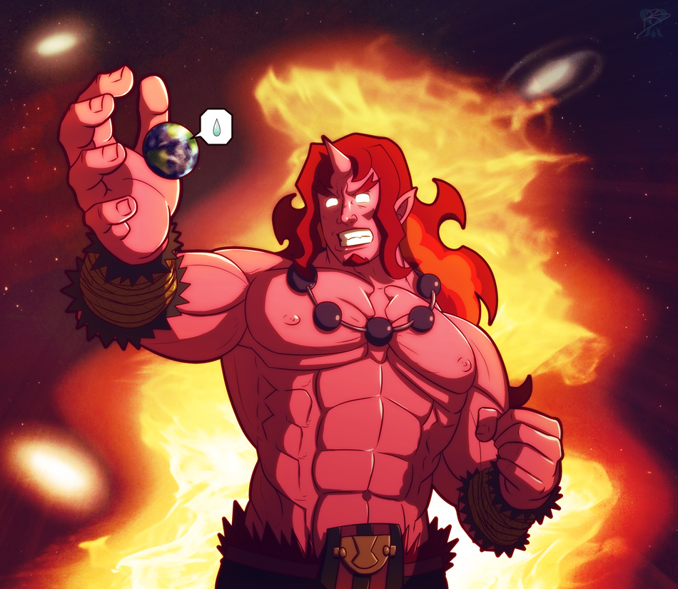 1boy, abs, beard, colored_skin, disgaea, facial_hair, fire, giant
