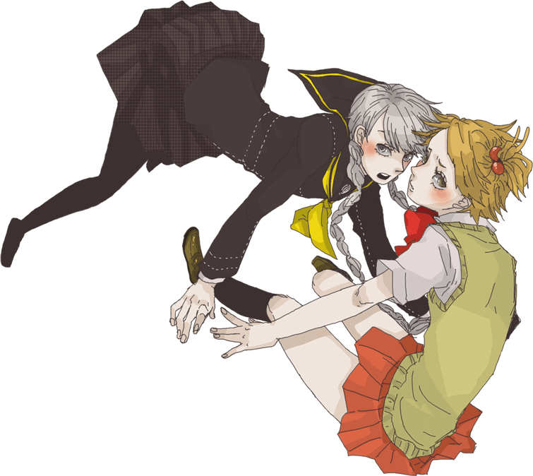 2boys, atlus, bad_id, bad_pixiv_id, braid, brown_hair, crossdressing, crossdressing_(mtf)