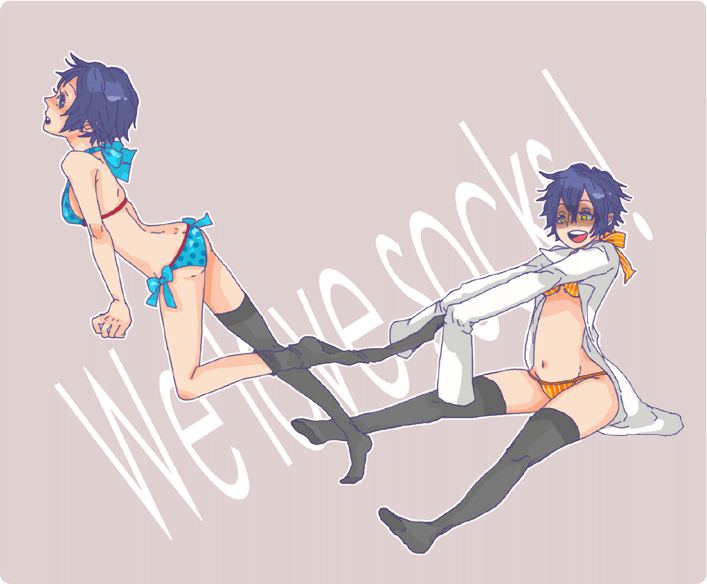 2girls, androgynous, atlus, bad_id, bad_pixiv_id, bikini, blue_hair, breasts