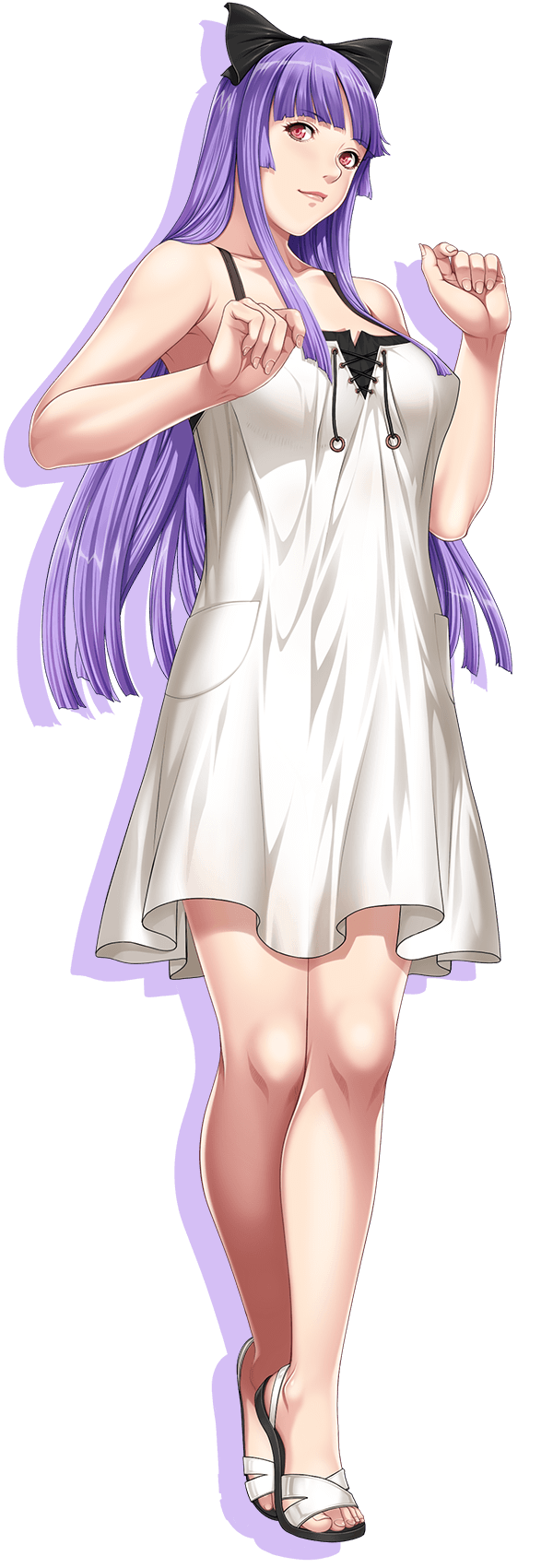 1girl, bare_shoulders, breasts, closed_game, cocona_stemper, dress, female_focus, full_body, hair_ribbon, highres, large_breasts, long_hair, looking_at_viewer, purple_hair, red_eyes, ribbon, sandals, sei_shoujo, simple_background, smile, solo
