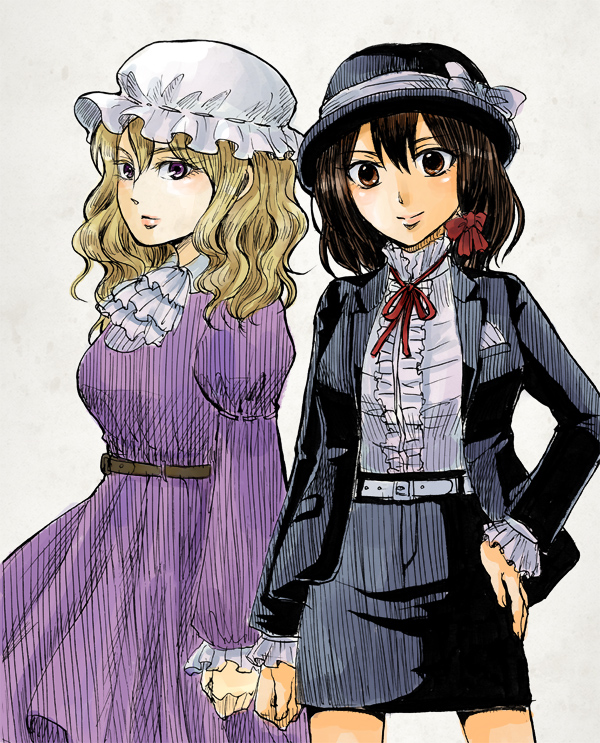 2girls, ascot, belt, blonde_hair, brown_eyes, brown_hair, cowboy_shot, dress