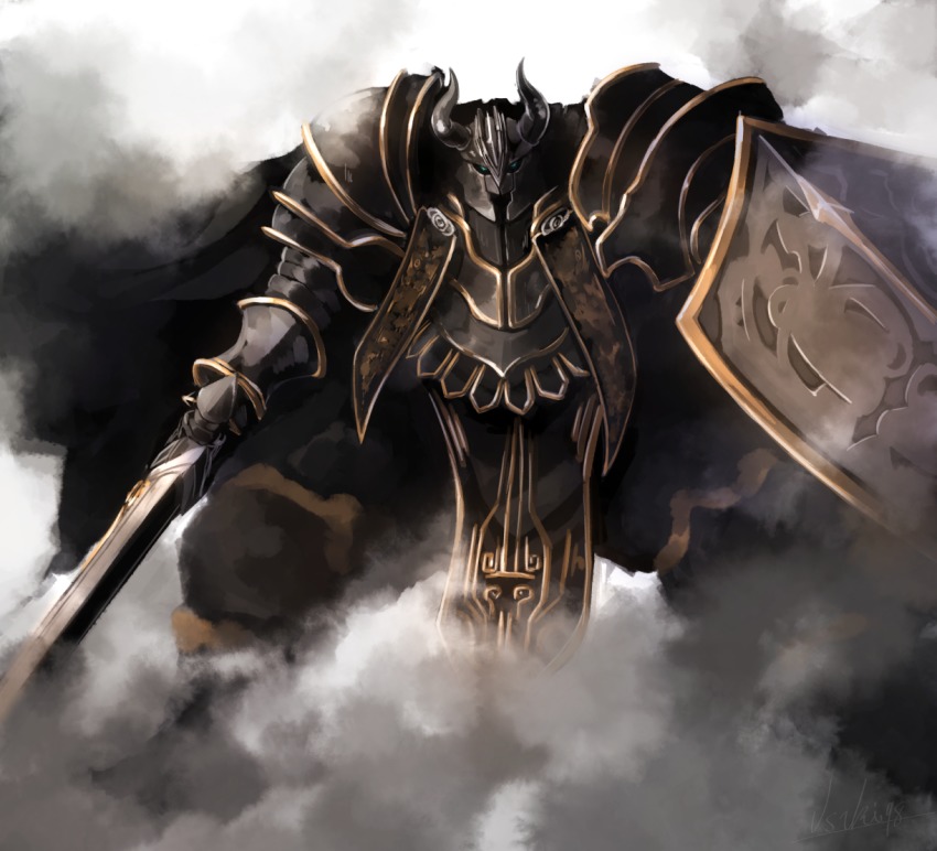 adapted_costume, aqua_eyes, armor, commentary_request, dark_knight_(sennen_sensou_aigis), dust_cloud, fake_horns, full_armor