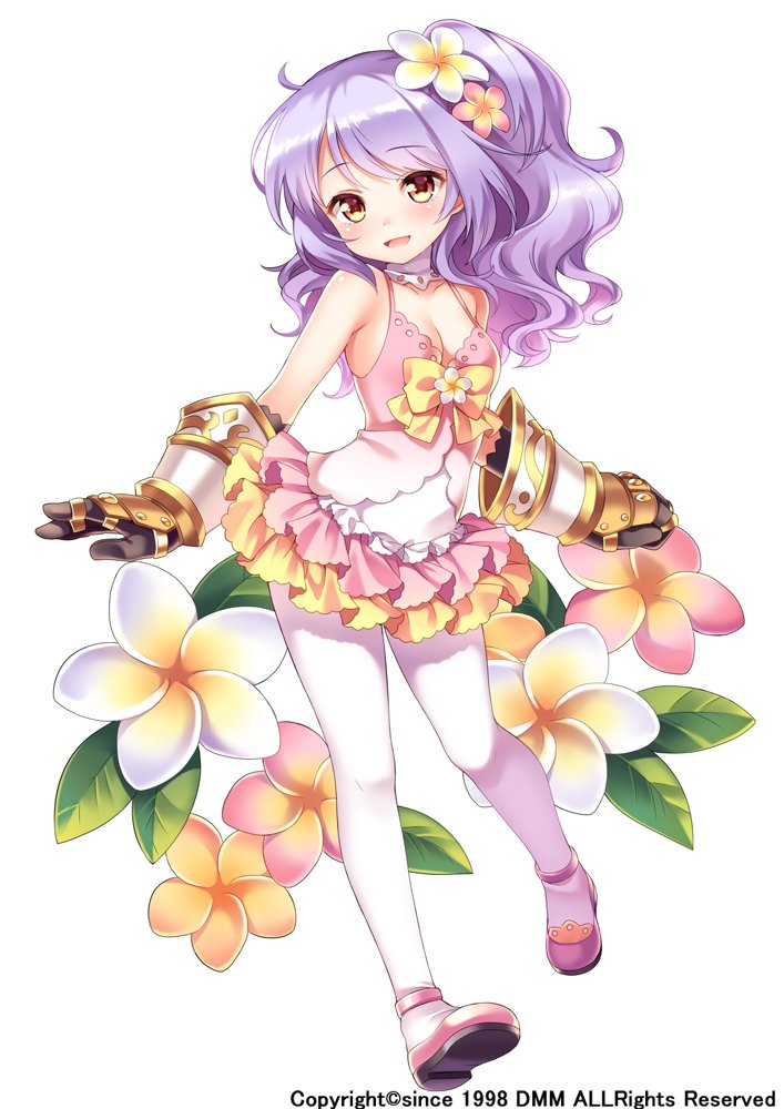 1girl, blush, bow, breasts, cleavage, dress, female_focus, flower, flower_knight_girl, full_body, gauntlets, hair_flower, hair_ornament, layered_skirt, long_hair, looking_at_viewer, name_connection, object_namesake, official_art, pantyhose, pink_shoes, plant, plumeria_(flower_knight_girl), purple_hair, ribbon, shoes, shouni_(sato3), skirt, small_breasts, smile, solo, standing, swimsuit, wavy_hair, white_background, white_pantyhose, yellow_bow, yellow_eyes