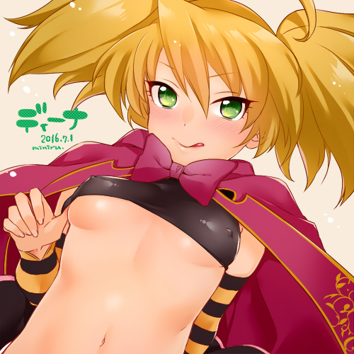 1girl, :q, arm_warmers, artist_name, blonde_hair, breasts, cape, character_name