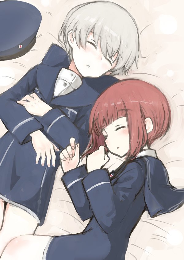 10s, 2girls, bad_id, bad_twitter_id, blunt_bangs, blush, brown_hair, bun'ya_(0874cirno141), closed_eyes, dress, grey_hair, hat, unworn_hat, unworn_headwear, kantai_collection, long_sleeves, lying, multiple_girls, on_back, on_side, peaked_cap, red_hair, sailor_collar, sailor_dress, sailor_hat, short_hair, sleeping, uniform, z1_leberecht_maass_(kancolle), z3_max_schultz_(kancolle)