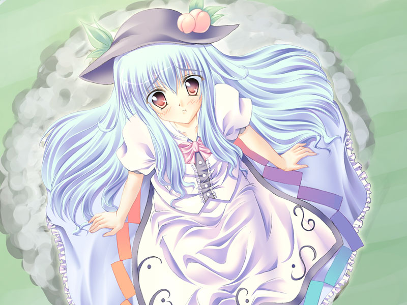 1girl, blush, bow, bowtie, female_focus, from_above, hat, hinanawi_tenshi