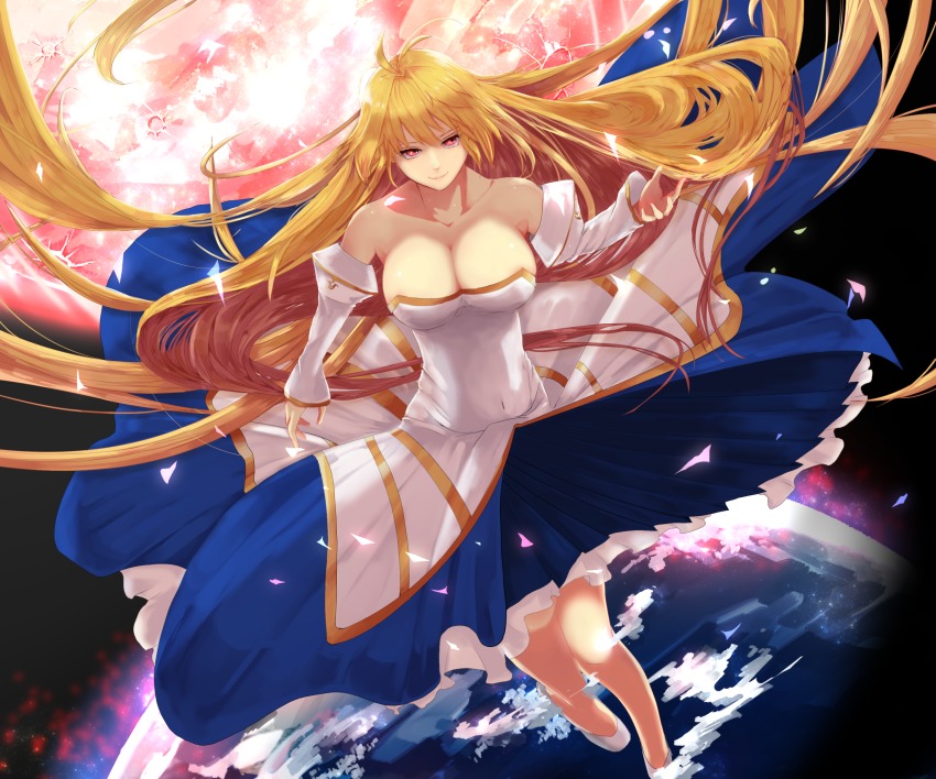 00s, ahoge, archetype_earth, arcueid_brunestud, bare_shoulders, blonde_hair, breasts, bridal_gauntlets, cleavage, collarbone, dress, earth_(planet), highres, large_breasts, long_hair, melty_blood, moon, omimomimo, planet, pleated_dress, red_eyes, shoes, smile, solo, tsukihime, very_long_hair