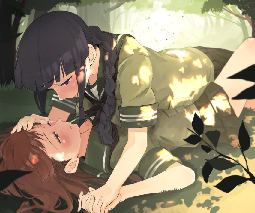 10s, 2girls, between_legs, between_thighs, black_eyes, black_hair, blush, braid, brown_eyes, brown_hair, eye_contact, grass, hand_on_another's_face, holding_hands, interlocked_fingers, kantai_collection, kitakami_(kancolle), leaf, looking_at_another, multiple_girls, ooi_(kancolle), school_uniform, serafuku, tree, wataro_(watawatawatapon), yuri