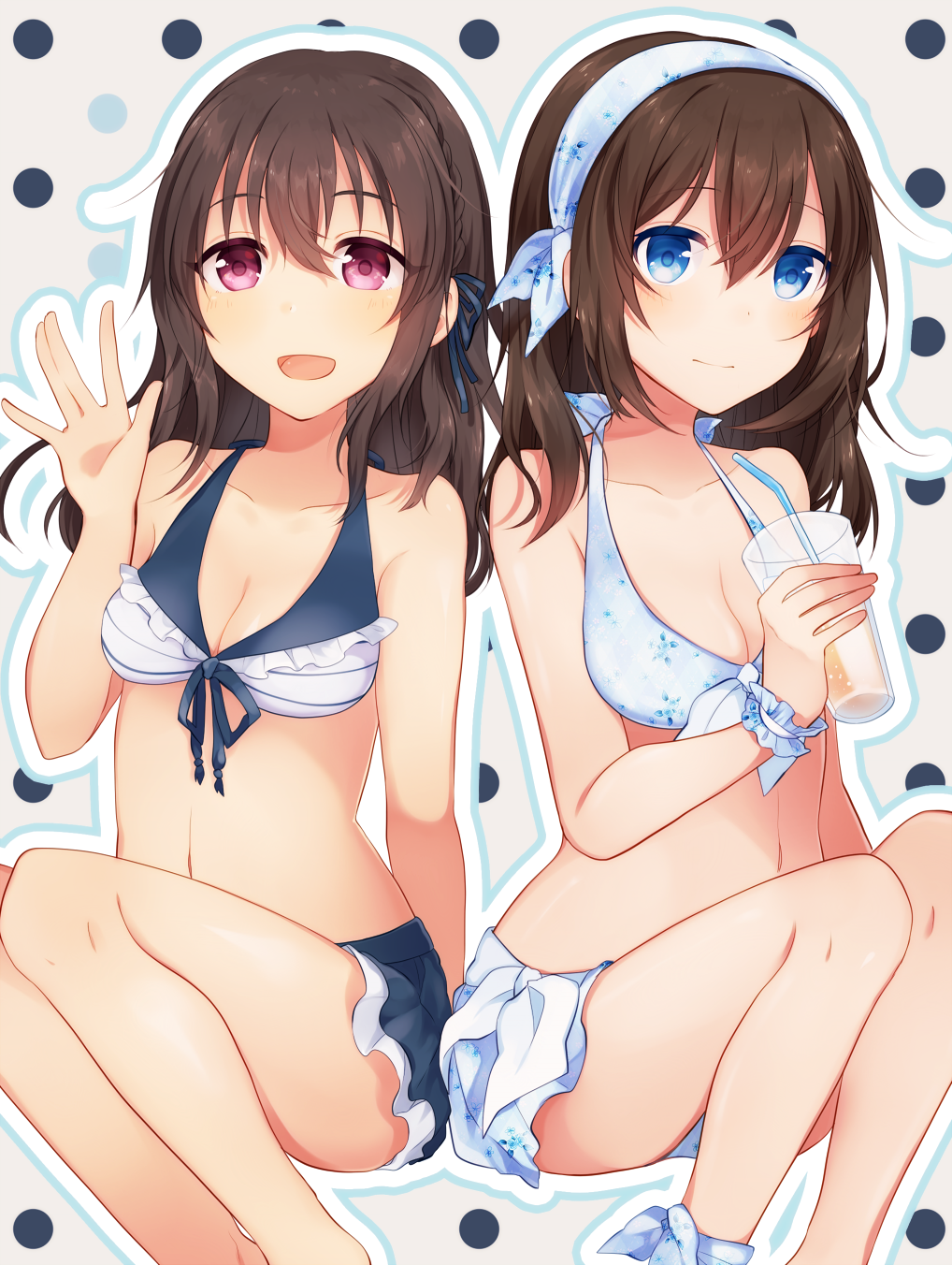 10s, 2girls, bikini, black_hair, blue_eyes, blush, breasts, cup