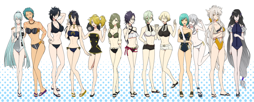 10s, 6+girls, ^_^, adapted_costume, akashi_kuniyuki, aqua_hair, bad_id, bad_pixiv_id, bikini, black_hair, blonde_hair, blue_background, blue_eyes, blue_hair, breasts, cleavage, closed_eyes, eyepatch, full_body, genderswap, genderswap_(mtf), gradient_background, green_eyes, green_hair, hair_over_one_eye, halftone, halftone_background, higekiri_(touken_ranbu), hizamaru_(touken_ranbu), ichigo_hitofuri, juzumaru_tsunetsugu, kogitsunemaru, kousetsu_samonji, large_breasts, long_hair, low-tied_long_hair, mikazuki_munechika, multiple_girls, narrow_waist, open_mouth, pale_skin, ponytail, purple_hair, red_eyes, sandals, shishiou_(touken_ranbu), shishiou_no_mofumofu, shokudaikiri_mitsutada, smile, swimsuit, touken_ranbu, tsurumaru_kuninaga, uguisumaru, ungo, v, very_long_hair, white_background, yamabushi_kunihiro, yellow_eyes