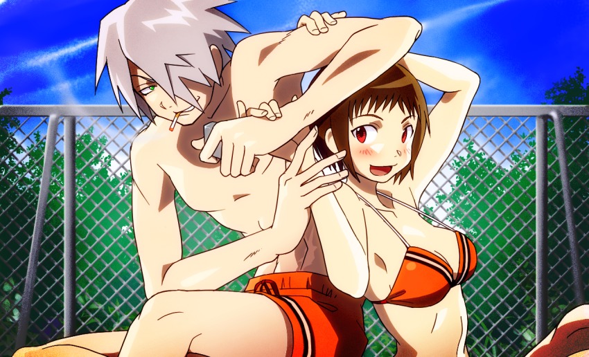 1boy, 1girl, adam_muirhead, bad_id, bad_pixiv_id, bikini, blush, breasts, brown_hair, chain-link_fence, cigarette, couple, day, drawstring, fence, green_eyes, hetero, lighter, looking_at_viewer, male_swimwear, matching_outfits, medium_breasts, nobunagun, ogura_shio, orange_male_swimwear, orange_swim_trunks, outdoors, red_eyes, rokuichi_(bluelamp61), scar, short_hair, silver_hair, sitting, sky, smile, smoking, swim_trunks, swimsuit, tree, zippo_lighter