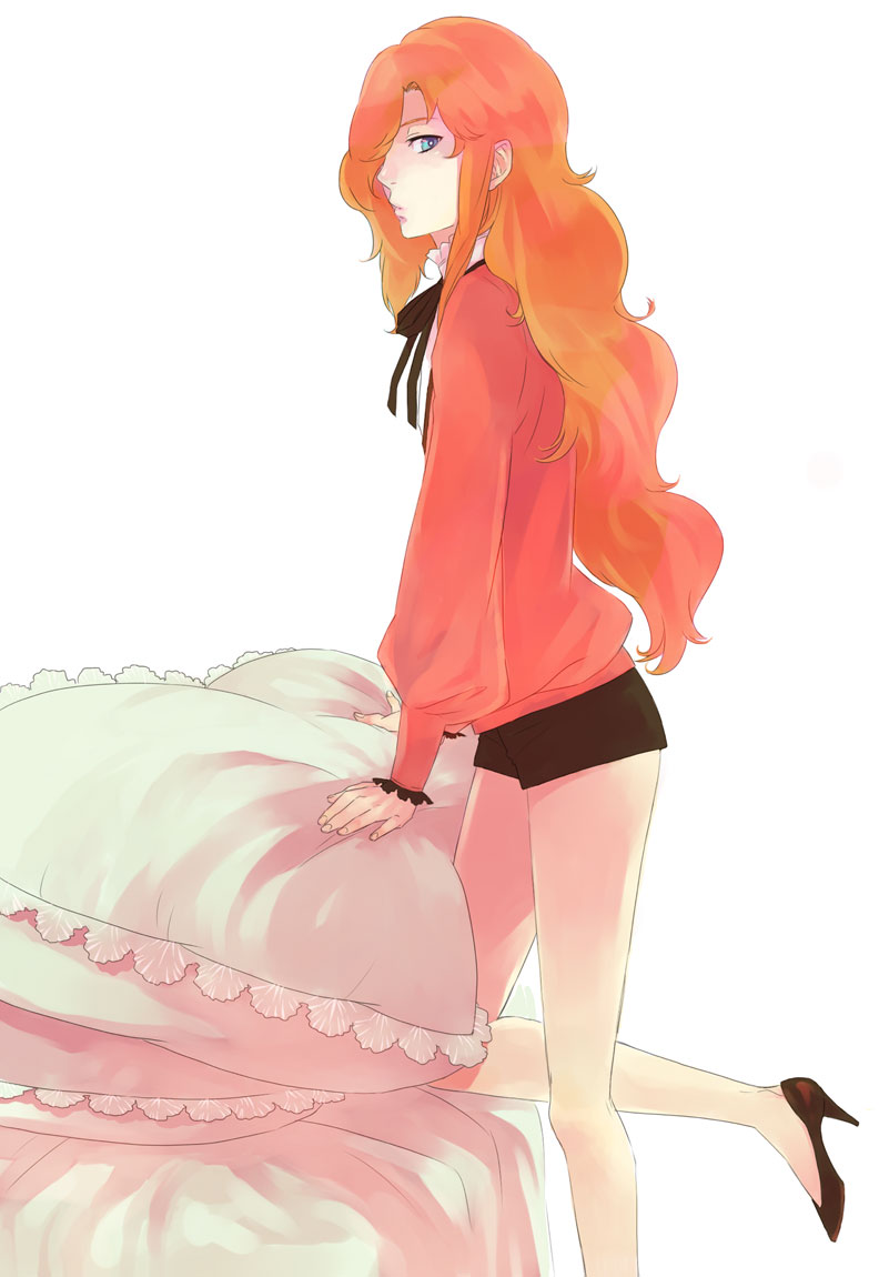 1boy, androgynous, bare_legs, blue_eyes, bowtie, bright_pupils, collared_shirt, curly_hair