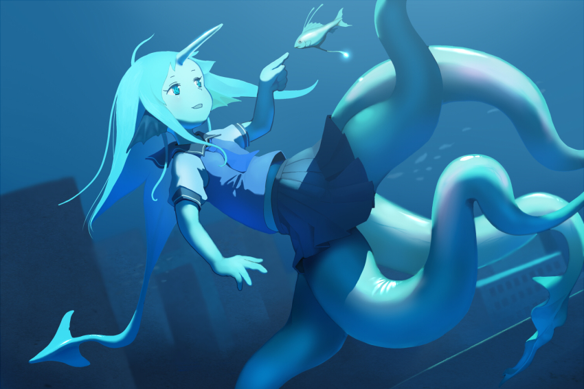 1girl, blue_eyes, blue_hair, female_focus, fins, fish, hasukawa_isaburou, head_fins