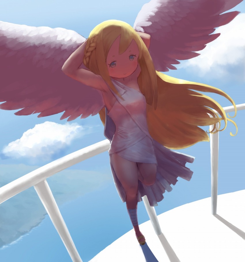 1girl, angel, angel_wings, balcony, blonde_hair, blue_eyes, blush, braid