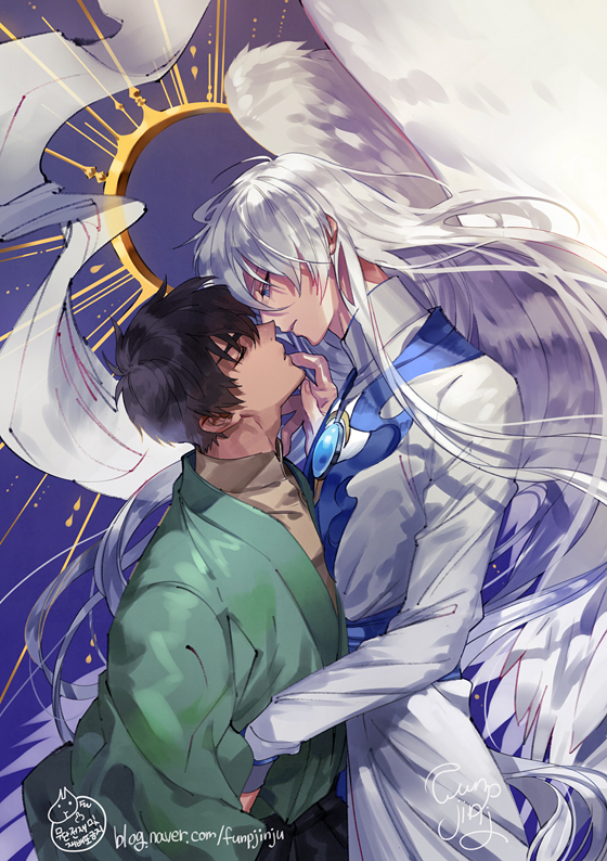 1990s_(style), 2boys, black_hair, cardcaptor_sakura, closed_eyes, feathered_wings, from_side, funpjinju, hair_between_eyes, imminent_kiss, kinomoto_touya, long_hair, male_focus, multiple_boys, profile, retro_artstyle, shawl, short_hair, signature, silver_hair, very_long_hair, watermark, web_address, white_wings, wings, yaoi, yue_(cardcaptor_sakura)