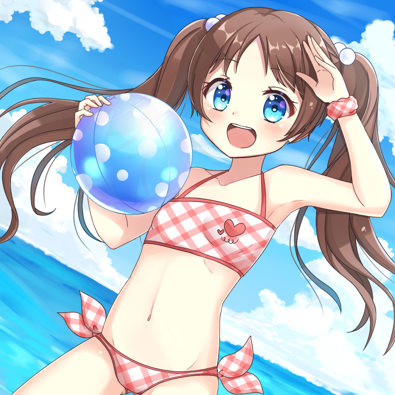 1girl, :d, ball, beachball, bikini, blue_eyes, brown_hair, cloud, day, dutch_angle, female_focus, hair_bobbles, hair_ornament, long_hair, monobeno, navel, ocean, open_mouth, salute, sawai_natsuha, scrunchie, sky, smile, solo, sunameri_(pixiv3564245), swimsuit, transparent, twintails, water