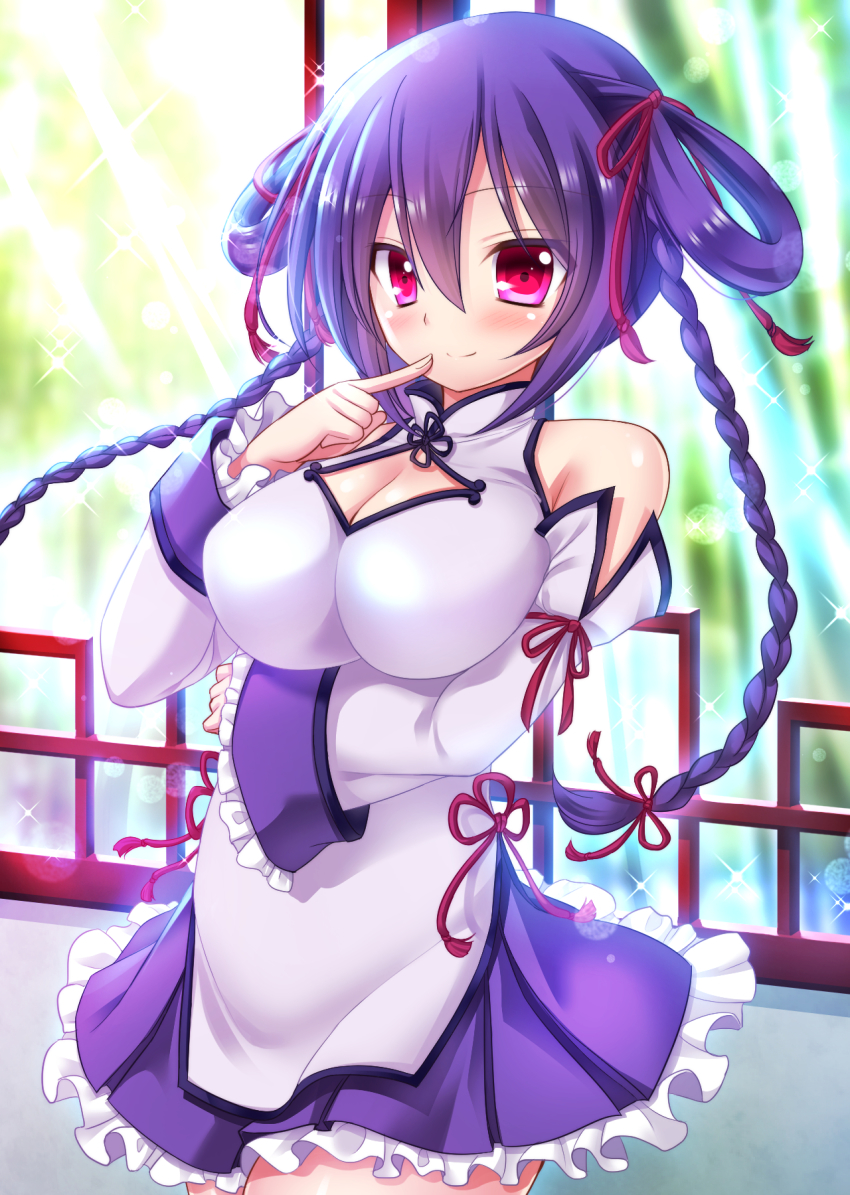 1girl, bad_id, bad_pixiv_id, bare_shoulders, blush, braid, breasts, china_dress