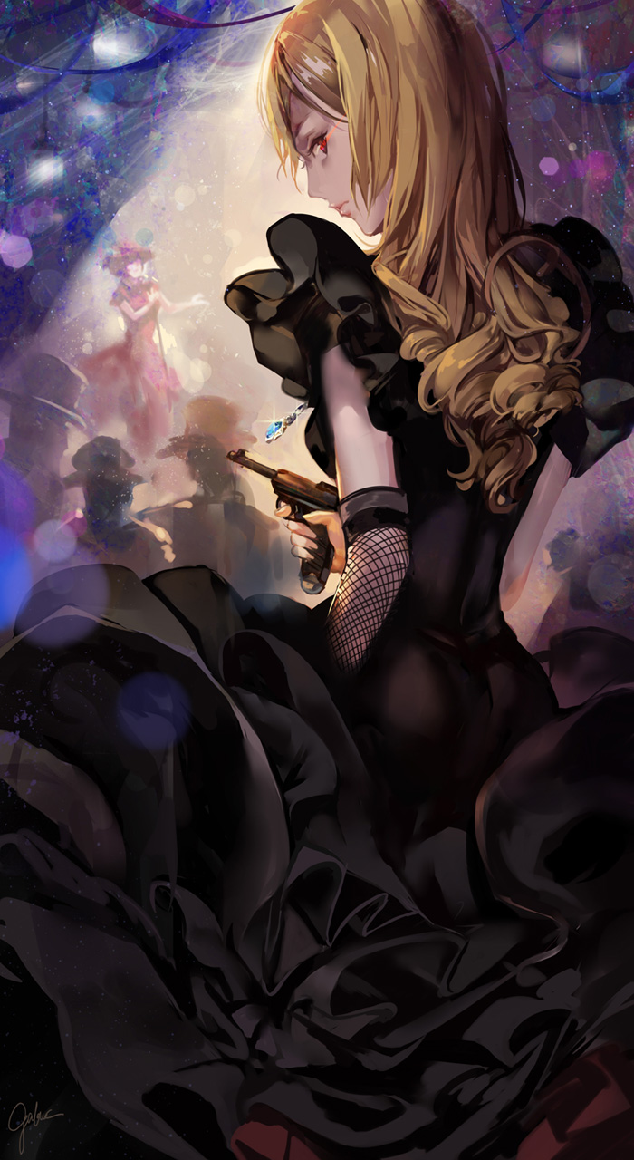 2girls, 4boys, black_dress, blonde_hair, dress, gabuccc, gun, handgun