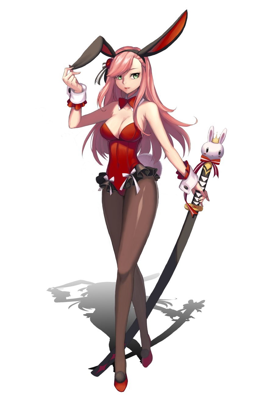 1girl, absurdres, animal_ears, asymmetrical_bangs, black_pantyhose, bow, bowtie, breasts, cleavage, coolmid, covered_navel, detached_collar, fake_animal_ears, female_focus, flower, full_body, green_eyes, hair_flower, hair_ornament, highres, holding, holding_sword, holding_weapon, katana, long_hair, pantyhose, parted_lips, pink_hair, playboy_bunny, rabbit_ears, rabbit_tail, red_bow, red_bowtie, red_shoes, seven_knights, shane_(seven_knights), sheath, sheathed, shoes, silhouette, simple_background, solo, standing, swept_bangs, sword, tail, weapon, white_background, wrist_cuffs