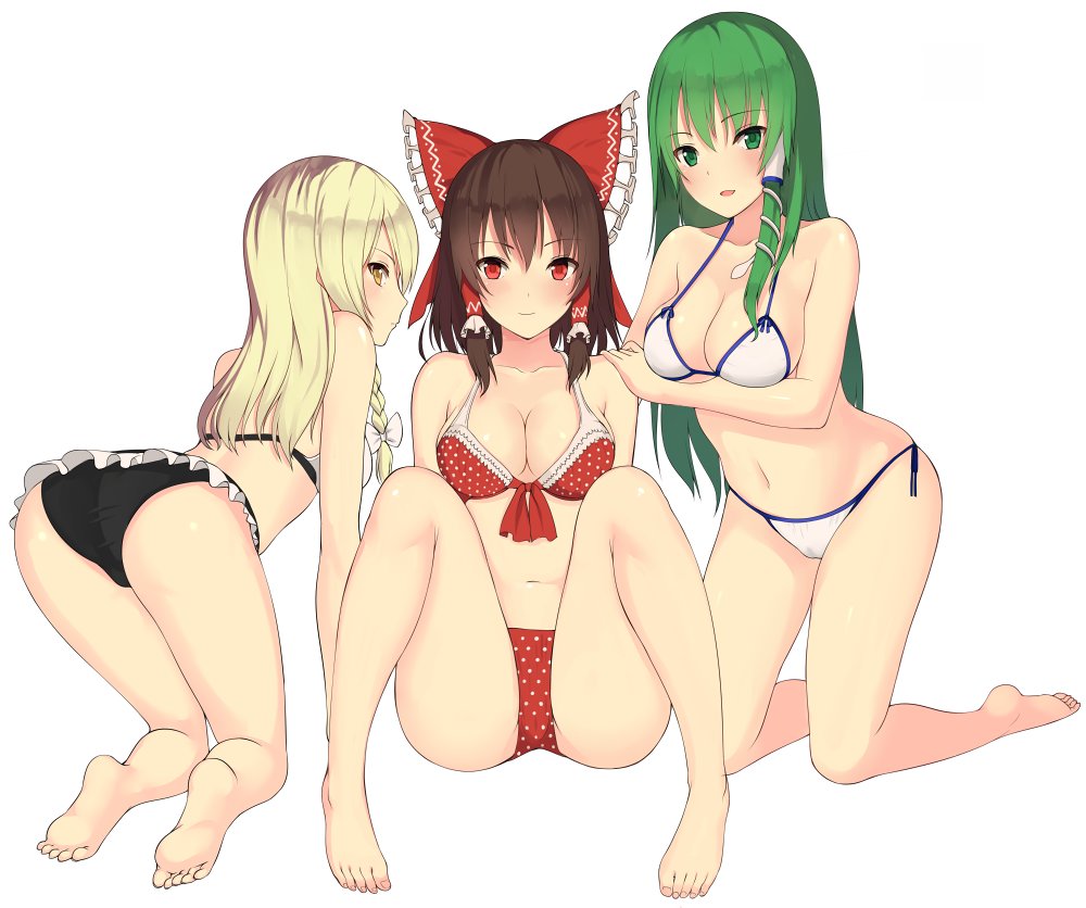 3girls, ass, barefoot, bikini, black_bikini, blonde_hair, blush, bow