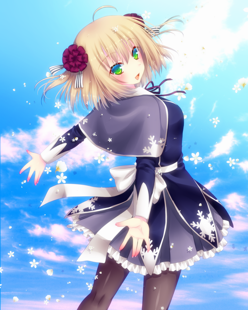 1girl, bad_id, bad_pixiv_id, black_pantyhose, blonde_hair, blue_skirt, blue_theme, bow