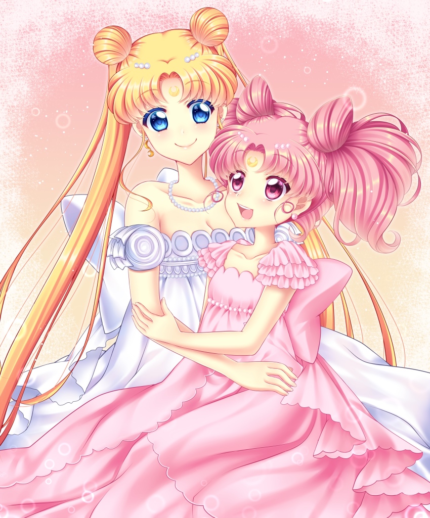 2girls, absurdres, bare_shoulders, bishoujo_senshi_sailor_moon, blonde_hair, blue_eyes, bow, breasts
