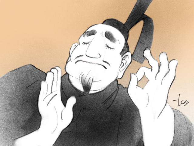 1boy, brown_background, closed_eyes, facial_hair, fine_art_parody, goatee, gradient_background, hat, japanese_clothes, male_focus, meme, monochrome, nihonga, ok_sign, pacha_(the_emperor's_new_groove), pacha_edits_(meme), parody, real_life, signature, simple_background, solo, takeuchi_kou, tate_eboshi, the_emperor's_new_groove, tokugawa_ieyasu_(real_life)