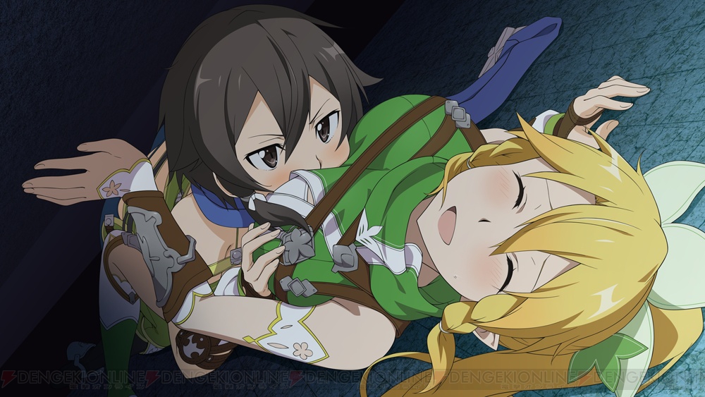 10s, 2girls, asada_shino, black_eyes, black_hair, blonde_hair, blue_scarf, breasts