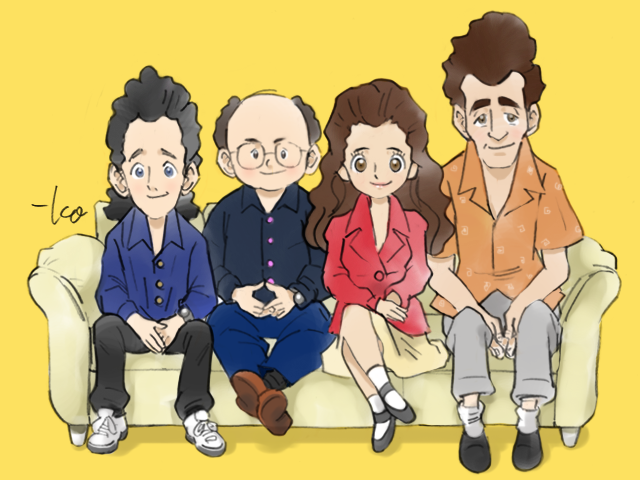1girl, 3boys, animification, bald, black_hair, black_pants, black_shirt, blouse, blue_eyes, brown_eyes, brown_footwear, brown_hair, cosmo_kramer, couch, dress, dress_shirt, elaine_benes, george_costanza, glasses, grey_pants, jacket, jerry_seinfeld, jerry_seinfield, long_hair, looking_at_viewer, multiple_boys, orange_shirt, pants, red_jacket, seinfeld, shirt, shoes, short_hair, sideburns, signature, simple_background, sitting, sneakers, takeuchi_kou, watch, wristwatch, yellow_background, yellow_dress