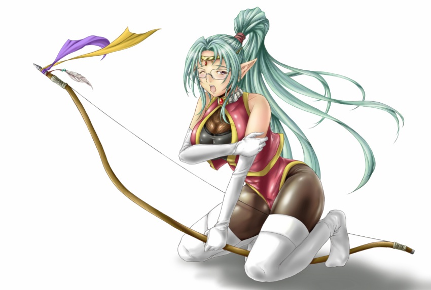 azu_(warehouse86), bad_id, bad_pixiv_id, boots, bow_(weapon), breasts, elbow_gloves, fishnets