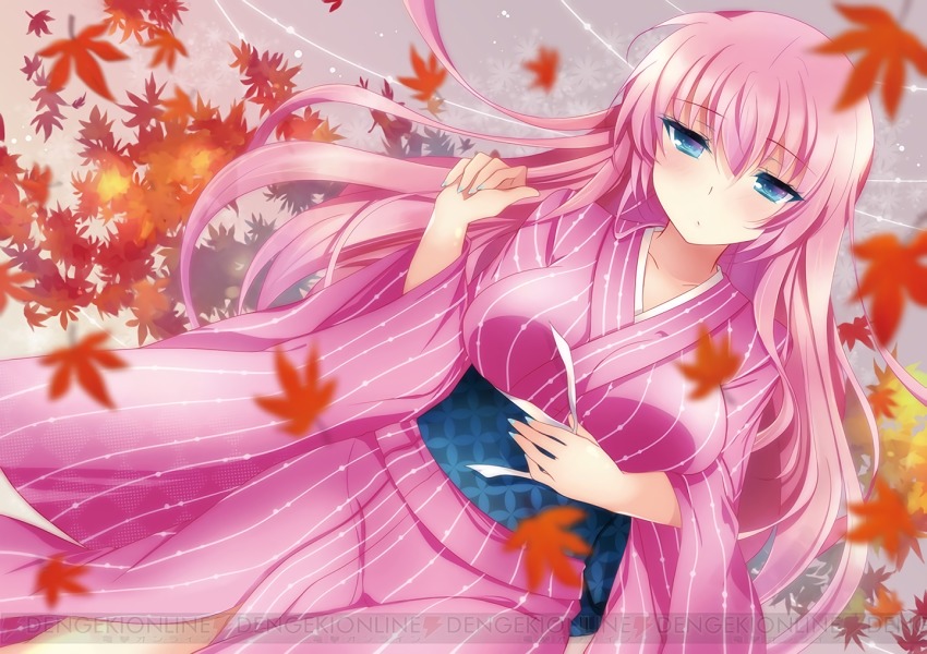 1girl, akahitoha_(vocaloid), autumn_leaves, blue_eyes, blue_nails, blurry, closed_mouth, dutch_angle, female_focus, ichiyou_moka, japanese_clothes, leaf, long_hair, long_sleeves, megurine_luka, nail_polish, pink_hair, project_diva_(series), project_diva_x, solo, vocaloid, wide_sleeves