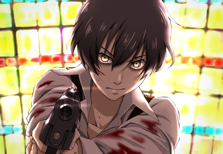 10s, 1boy, 91_days, aiming, aiming_at_viewer, avilio_bruno, black_hair, blood