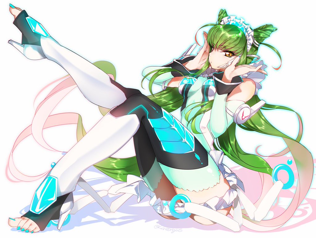 1girl, active_raid, c.c., code_geass, cosplay, creayus, female_focus, green_hair, headband, high_heels, liko_(active_raid), liko_(active_raid)_(cosplay), long_hair, looking_at_viewer, nail_polish, neon_lights, open-toe_shoes, shoes, solo, yellow_eyes