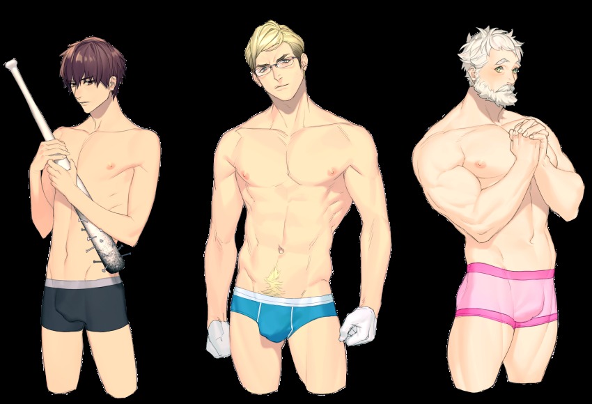 3boys, abdominal_hair, absurdres, baseball_bat, beard, blonde_hair, boxer_briefs, boxers, briefs, brown_eyes, bulge, cropped_legs, eyebrows, facial_hair, glasses, green_eyes, grey_eyes, groin, hair_between_eyes, highres, holding, holding_weapon, interlocked_fingers, japants, looking_at_viewer, male_focus, male_underwear, multiple_boys, muscular, mustache, nail_(hardware), nail_bat, navel, nipples, old, old_man, original, own_hands_clasped, own_hands_together, parted_lips, pectorals, rimless_eyewear, sketch, skin_tight, stomach, topless_male, transparent_background, underwear, underwear_only, weapon, white_hair