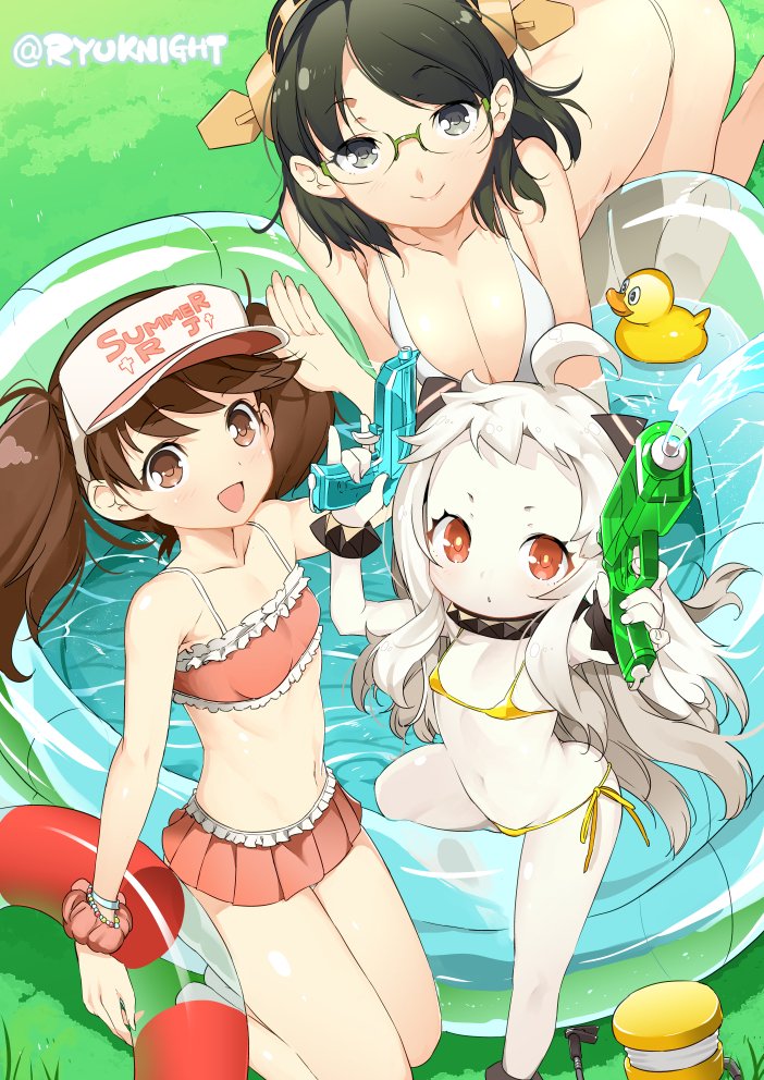 10s, 3girls, ahoge, alternate_costume, arm_up, bare_arms, bare_legs, bare_shoulders