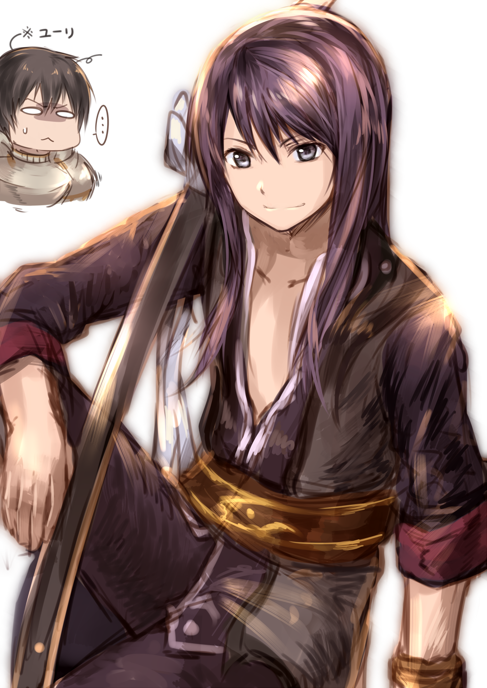 00s, 10s, 2boys, bad_id, bad_pixiv_id, black_hair, granblue_fantasy, grey_eyes, highres, katana, long_hair, multiple_boys, name_connection, sitting, sitting_on_person, sketch, smile, sukemyon, sword, tales_of_(series), tales_of_vesperia, weapon, yuri_(granblue_fantasy), yuri_lowell