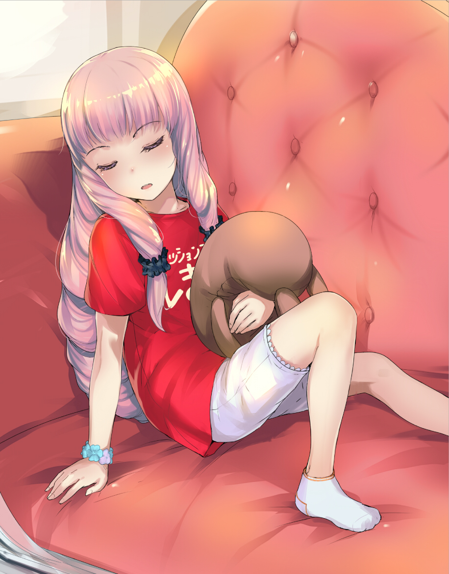 1girl, ankle_socks, arm_at_side, arm_support, aurora_(pso2), blunt_bangs, blush, breasts, closed_eyes, clothes_writing, couch, female_focus, hair_ornament, hair_scrunchie, head_tilt, holding, indoors, leg_up, long_hair, on_couch, phantasy_star, phantasy_star_online_2, pink_hair, red_shirt, scrunchie, shirt, shorts, sidelocks, sitting, sleeping, sleeping_upright, socks, sody, solo, stuffed_animal, stuffed_rabbit, stuffed_toy, t-shirt, very_long_hair, white_shorts, white_socks, wrist_scrunchie
