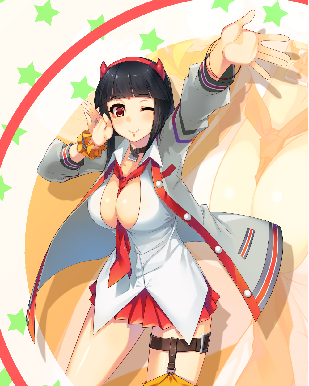 1girl, ;), arm_up, bangle, beatmania_iidx, bemani, between_breasts, black_hair