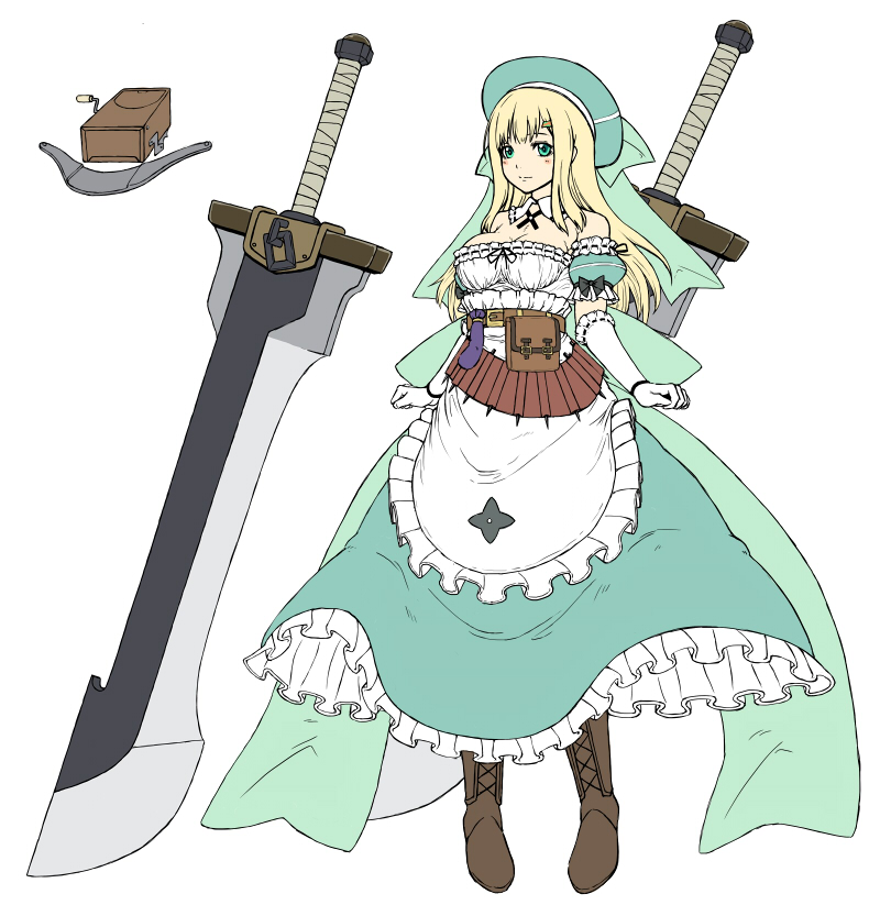 10s, 1girl, apron, aqua_eyes, bag, bare_shoulders, belt, blonde_hair