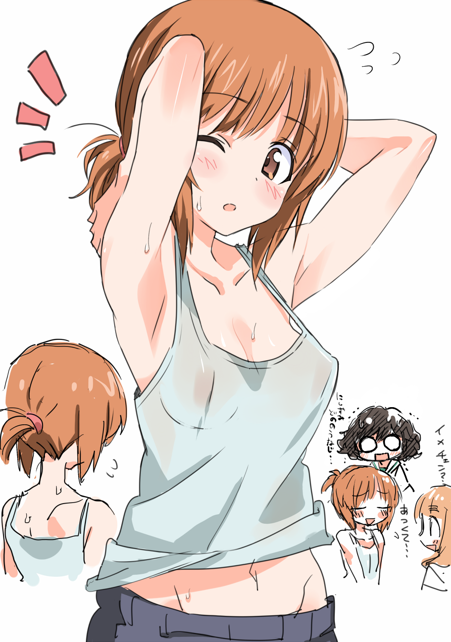 10s, akiyama_yukari, alternate_hairstyle, armpits, arms_up, back, bare_shoulders, breasts