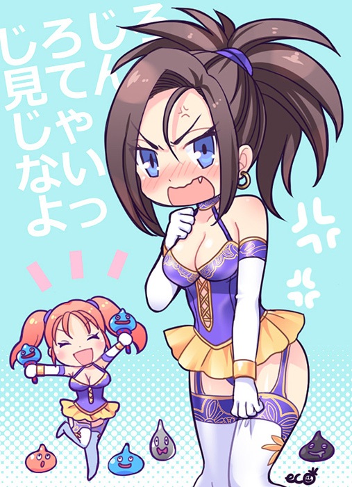 2girls, angry, artist_name, bare_shoulders, blue_eyes, blush, bodice, breasts, brown_hair, cleavage, corset, divine_bustier_(dq), dragon_quest, dragon_quest_viii, earrings, eco_(petticoat), fang, garter_straps, jessica_albert, jewelry, large_breasts, long_hair, multiple_girls, open_mouth, orange_hair, ponytail, red_(dq8), slime_(dragon_quest), thighhighs, translation_request, twintails, wavy_mouth, white_legwear