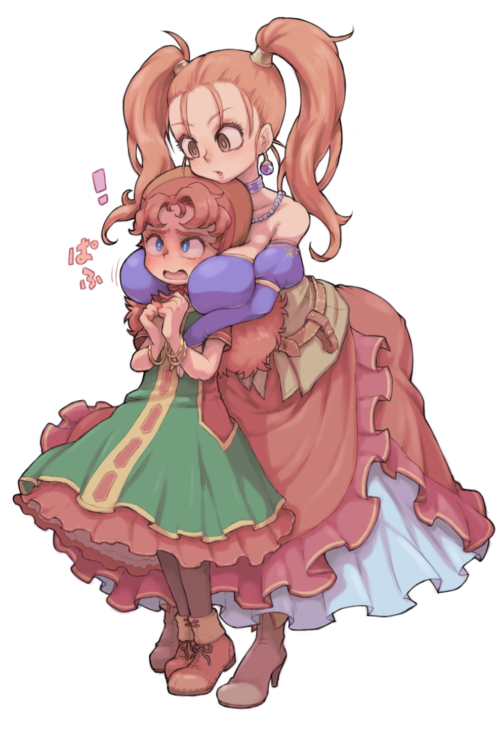 2girls, artist_request, between_breasts, blue_eyes, blush, boots, bracelet, breasts, brown_eyes, cleavage, crossover, dragon_quest, dragon_quest_vii, dragon_quest_viii, dress, earrings, full_body, head_between_breasts, highres, hug, huge_breasts, jessica_albert, jewelry, long_hair, maribel_(dq7), multiple_girls, necklace, simple_background, skirt, toyaken21, twintails, white_background, yuri