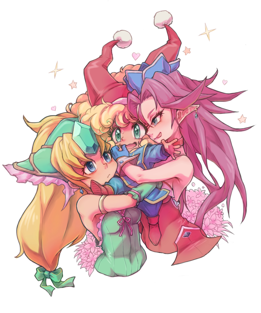 3girls, :p, angela_(seiken_densetsu_3), blonde_hair, blue_eyes, blush, breasts, charlotte_(seiken_densetsu_3)