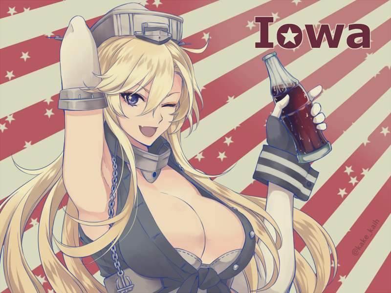 10s, 1girl, anchor, arm_up, armpits, bad_id, bad_pixiv_id, blonde_hair, blue_eyes, bottle, breasts, chain, cleavage, coke_bottle, cola, elbow_gloves, fang, female_focus, gloves, hat, iowa_(kancolle), kake_(kuromitsu), kantai_collection, large_breasts, long_hair, looking_at_viewer, one_eye_closed, open_mouth, soda_bottle, solo, star-shaped_pupils, star_(symbol), symbol-shaped_pupils, twitter_username