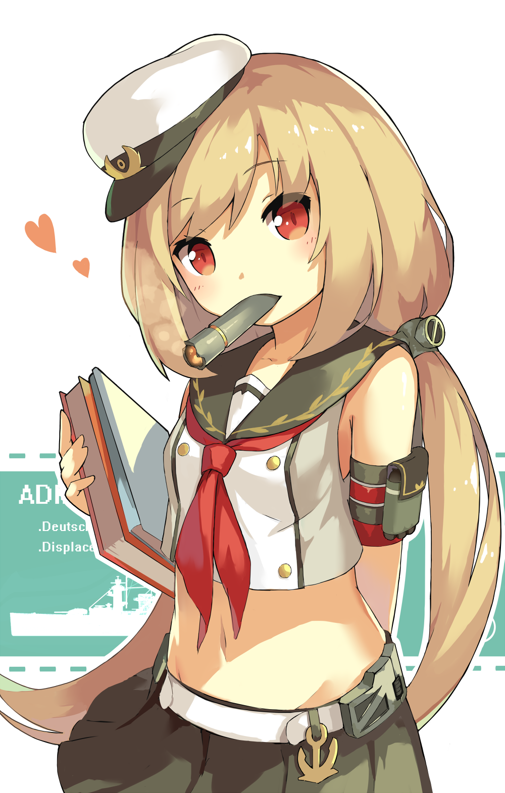 1girl, admiral_scheer_(warship_girls_r), anchor, arm_behind_back, armband, belt, black_skirt, blonde_hair, blush, book, breasts, buttons, crop_top, double-breasted, female_focus, hat, heart, highres, holding, holding_book, lino-lin, long_hair, looking_at_viewer, low_twintails, midriff, military, military_vehicle, miniskirt, multicolored_background, navel, outline, peaked_cap, pleated_skirt, red_eyes, sailor, sailor_collar, ship, shirt, simple_background, skirt, sleeveless, small_breasts, smoking, solo, text_background, torpedo, twintails, upper_body, very_long_hair, warship, warship_girls_r, watercraft, white_background, white_belt, white_hat, white_outline, white_shirt